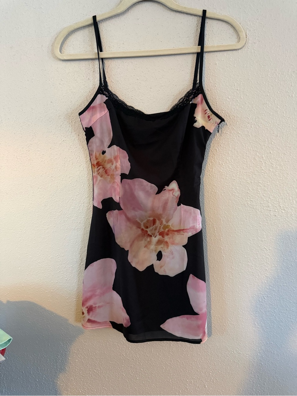 White Fox Boutique Black Slip Dress with Pink Floral Print